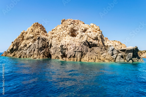 Beautiful view of the southern Sardinian sea from the boat. Note the particular rock formations. © silentstock639