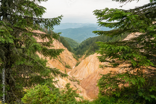 Ruginoasa ravine nature reserve in Apuseni mountains from  Romania with yellow-colored steep ravine surrounded by coniferous forests photo