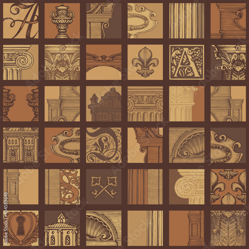 Abstract seamless pattern in vintage style on theme of ancient architecture and art. Vector background with hand-drawn architectural fragments in brown colors. Wallpaper, wrapping paper, fabric design