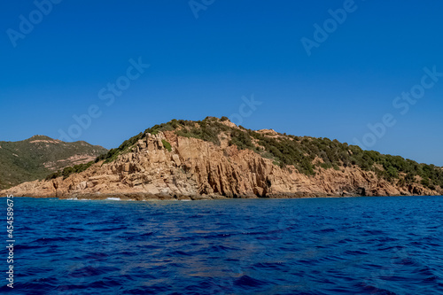 Beautiful view of the southern Sardinian sea from the boat. Note the particular rock formations.