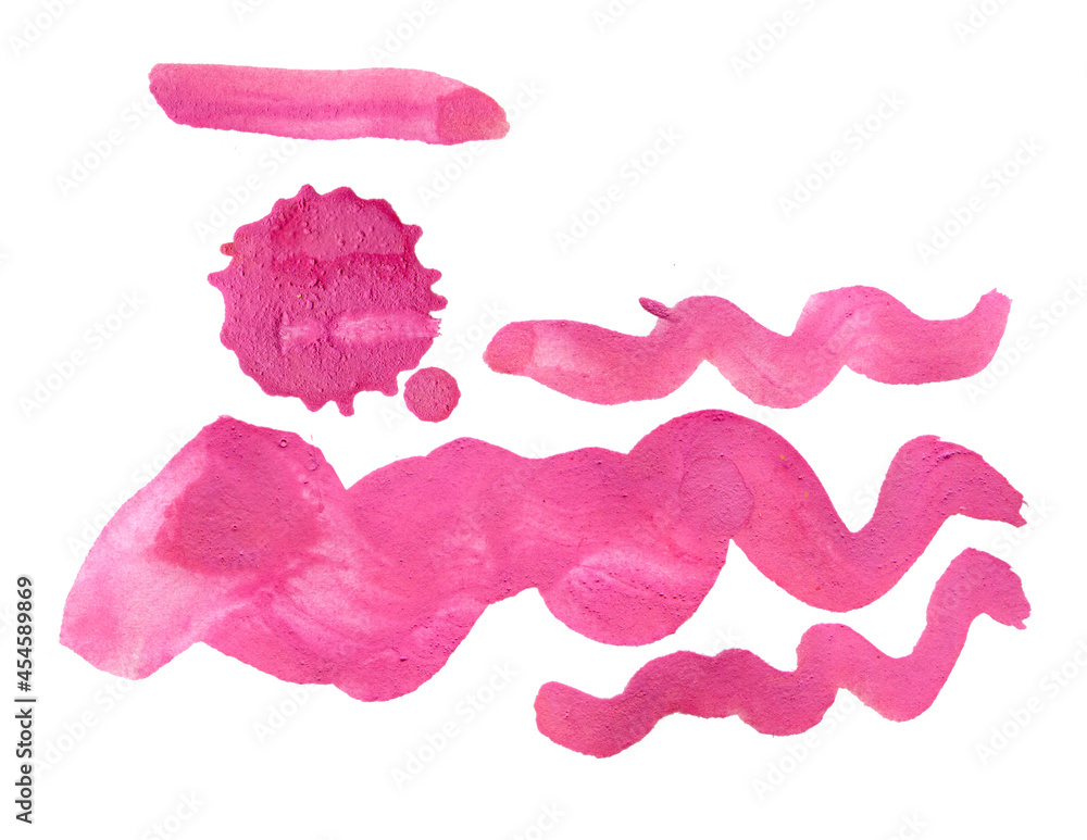 Set of pink strokes and spots on a white background. Elements for decorating postcards in the style of hand drawing art. Watercolor stain on white isolate. Set of pink strokes and spots on a white background. Elements for decorating postcards in the style of hand drawing art. Watercolor stain on white isolate.