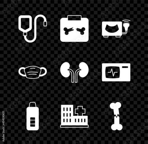 Set IV bag, X-ray shots with broken bone, Ultrasound, Digital thermometer, Hospital building, Human, Medical protective mask and kidneys icon. Vector