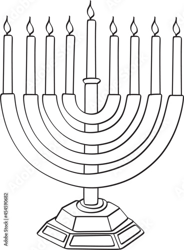 Hanukkah menorah line art isolated on black background. Religion icon. Hanukkah traditional symbol. Holiday religion, jewish festival of Lights. Long shadow style. Vector
