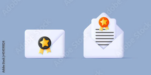 3d render illustration of envelop with stamp and open with letter, digital web icon style