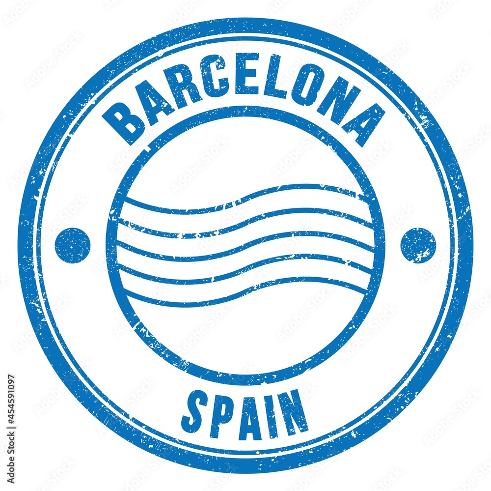 BARCELONA - SPAIN, words written on blue postal stamp BARCELONA - SPAIN, words written on blue postal stamp