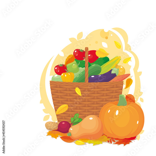 Autumn backgroung with pumpkins and assortment vegetables in wikked busket. Harvest, farming, agriculture, market Vector illustration, cartoon. Template for card, poster, invitation with cpyspace