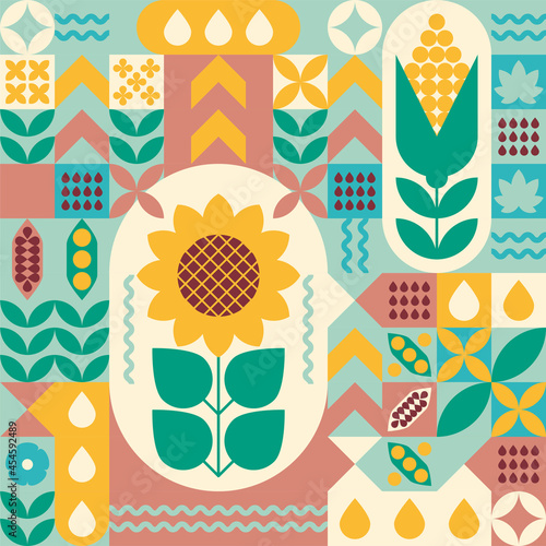 Agriculture background with abstract oilseeds plants. Sunflower pattern, ornament. Vegetable oil. Vector illustration, flat, geometric mosaic. Design for book, brochure, booklet, catalog, presentation