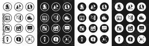 Set World news, Radar, Information, Live report, TV News car, Crime, and icon. Vector