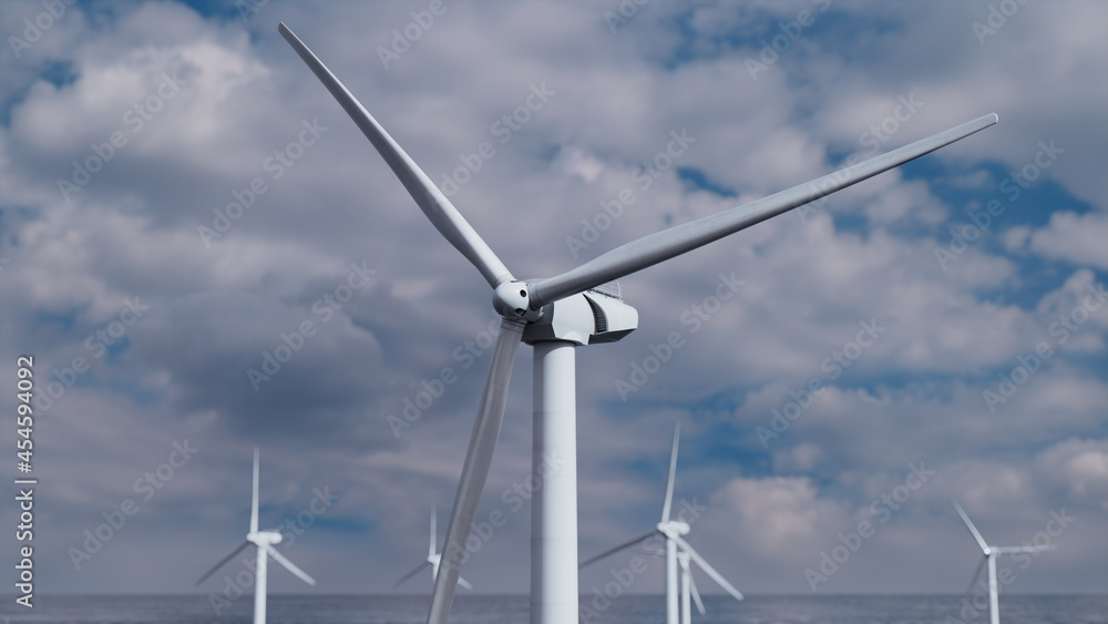 Wind Turbines. Offshore Wind Farm on a Cloudy Afternoon. Sustainable Energy Concept. Wind Turbines. Offshore Wind Farm on a Cloudy Afternoon. Sustainable Energy Concept.