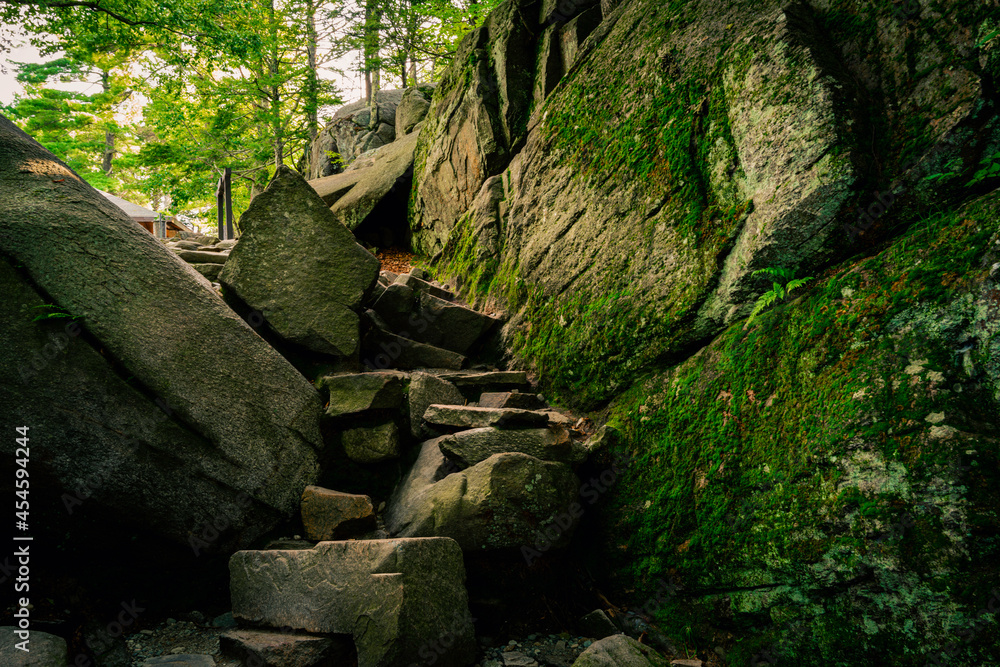 Stone steps ascending from the bottom footpath at Purgatory Chasm in Massachusetts Stone steps ascending from the bottom footpath at Purgatory Chasm in Massachusetts