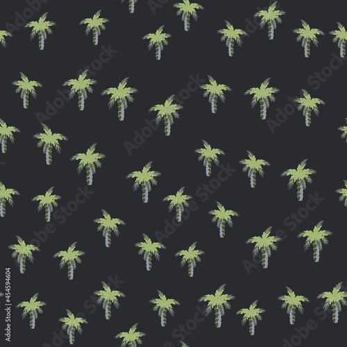 Decorative abstract seamless pattern with green little random palm tree elements. Dark background.