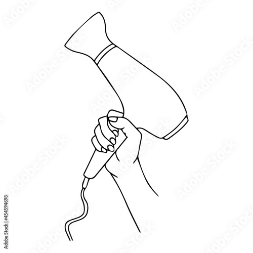 Vector drawing of hand holding a hairdryer. Hair care concept. Beauty salon illustration. Professional Hairdryer Electronic. Product for Hairstylist
