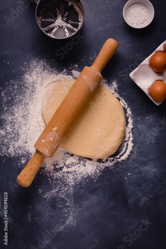 Table with baking products and tools.