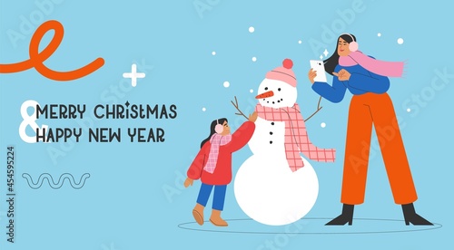 Flat vector illustration with happy family making a snowman and taking pictures of the process. Concept of Christmas and New Year celebrations web banner, greeting card or flyer.