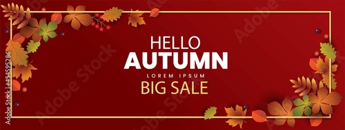 hello Autumn stylish background decorate with leaves and fruits. web banner. Vector illustration poster template design.