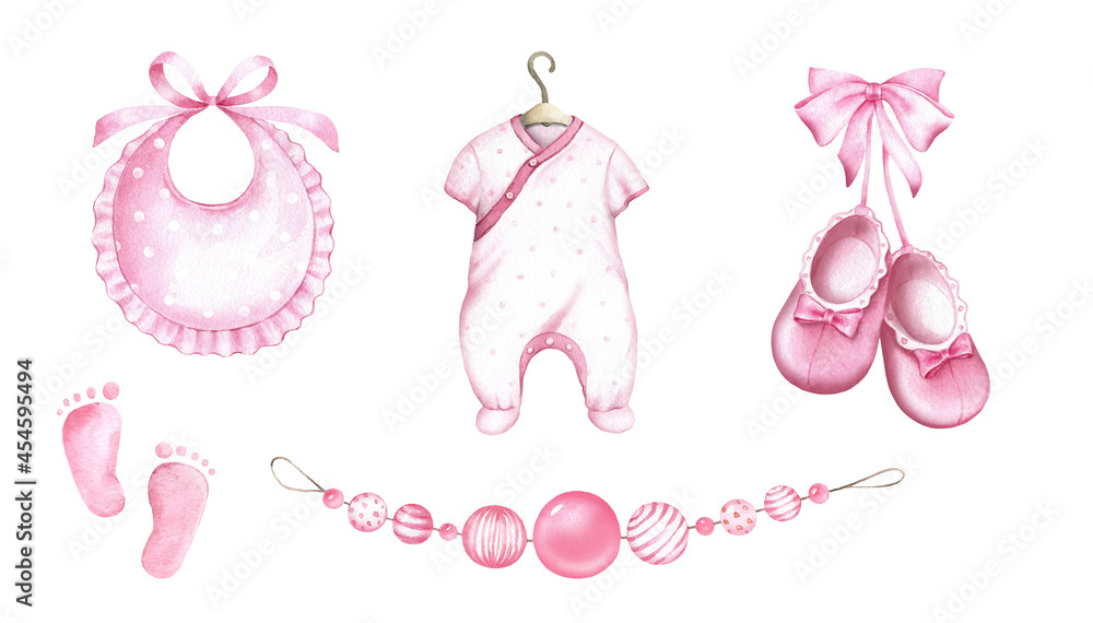 Newborn Baby Girl clipart set.Accessories for a newborn; baby girl
