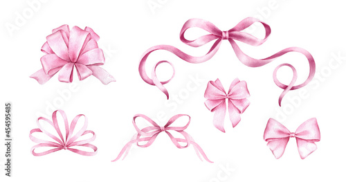 Hand painted pink bows isolated on white background.