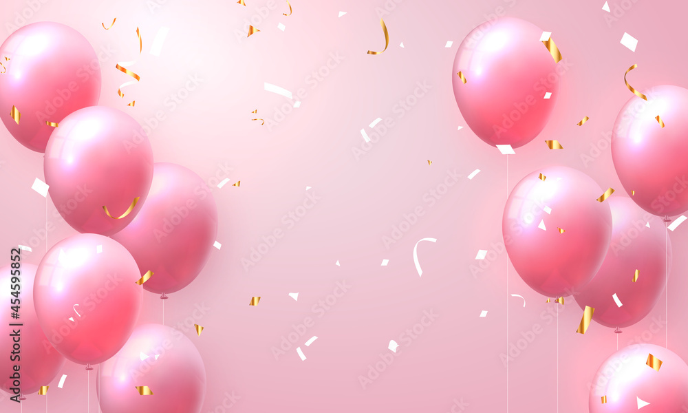 Elegant rose pink ballon and golden ribbon Happy Birthday celebration card banner template background Elegant rose pink ballon and golden ribbon Happy Birthday celebration card banner template background