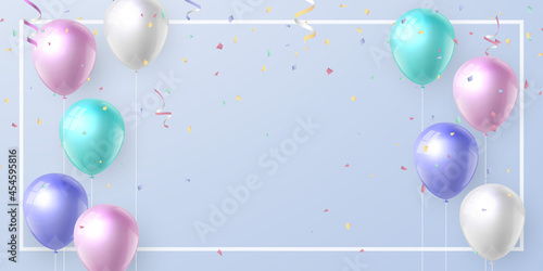 Elegant realistic pastel color ballon and ribbon Happy Birthday celebration card banner template background photo