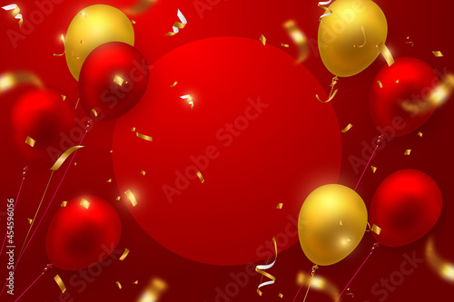 Photography Elegant luxury golden red ballon and party popper ribbon Happy Birthday celebrat