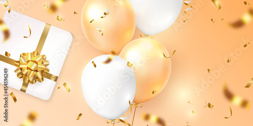 3D realistic elegant yellow orange ballon and present gift box with golden flower ribbon Happy Birthday celebration card banner template