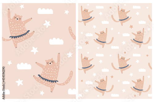 Cute Hand Drawn Semaless Vector Patterns with Dancing Tiger. Lovely Repeatable Print with Beige Wild Cat on Blush and Light Brown Background. Infantile Style Nursery Patterns. Baby Tiger Dancer Print.