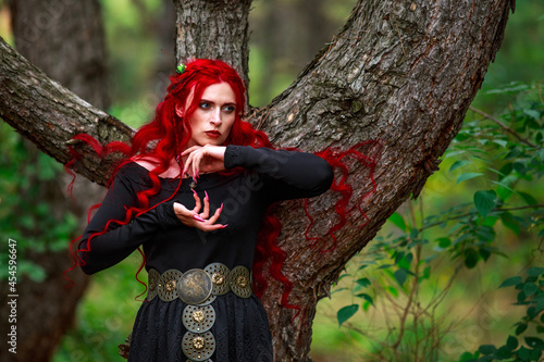 Fotografie Courageous young lady with long red hair in image of fabulous historical charact