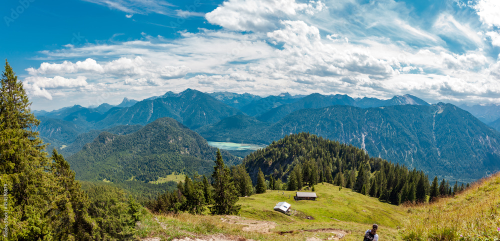 Panoramic Aerial view of Alp Lake Walchensee and the alpine Hut -  Staffel. Bavarian Prealps in Germany, Europe. view from the Mountain Staffel over the Lake Walchensee 