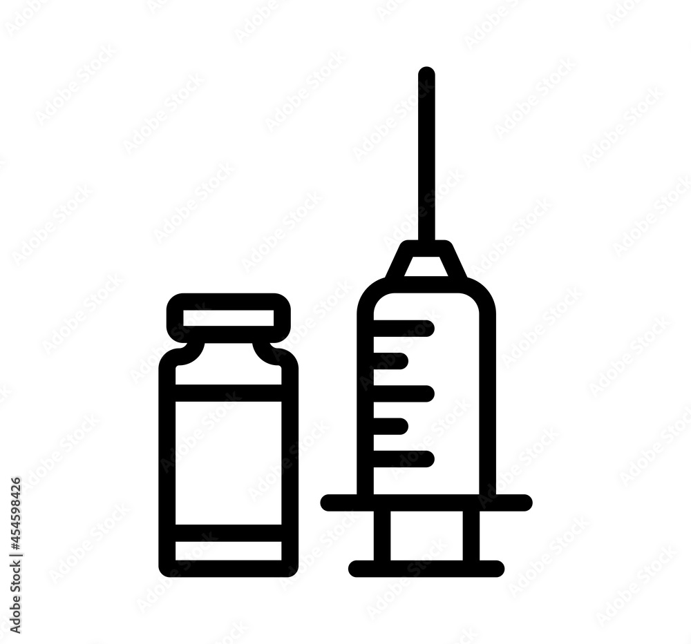 Syringe and bottle of vaccine small illustration. Simple vector illustration of a vaccine. Idea of vaccine injection for protection from disease. Medical treatment and healthcare. Vector line icon. Syringe and bottle of vaccine small illustration. Simple vector illustration of a vaccine. Idea of vaccine injection for protection from disease. Medical treatment and healthcare. Vector line icon.