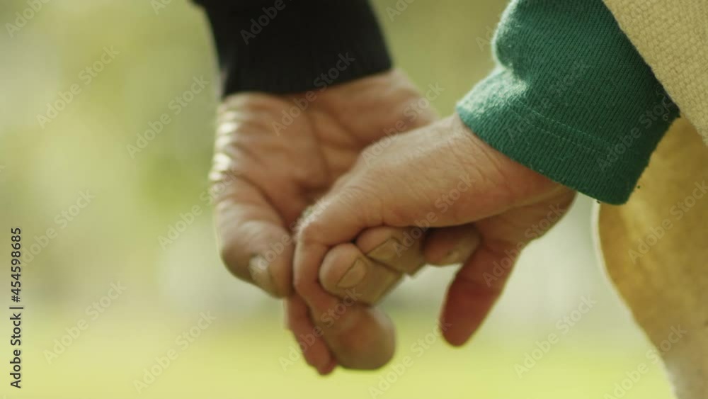 4K Back view of elderly couple holding hands while walking together in ...
