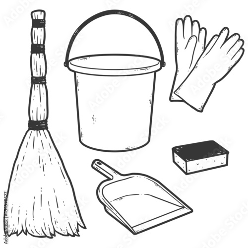 Set of objects for cleaning. Sketch scratch board imitation coloring.
