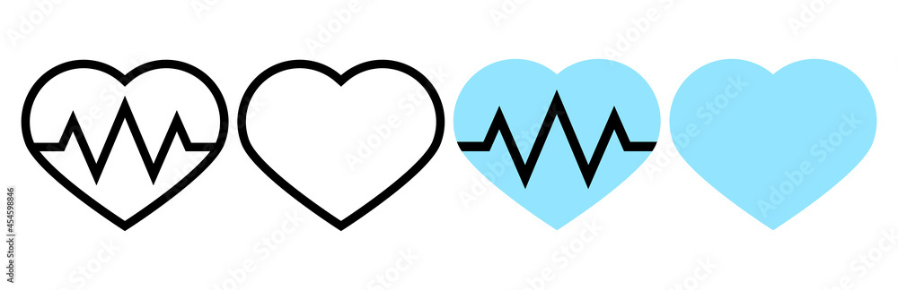 Icons of heart and simple design of the electrocardiogram. Vector icons. Cardiogram. Icons isolated on white background. Icons of heart and simple design of the electrocardiogram. Vector icons. Cardiogram. Icons isolated on white background.