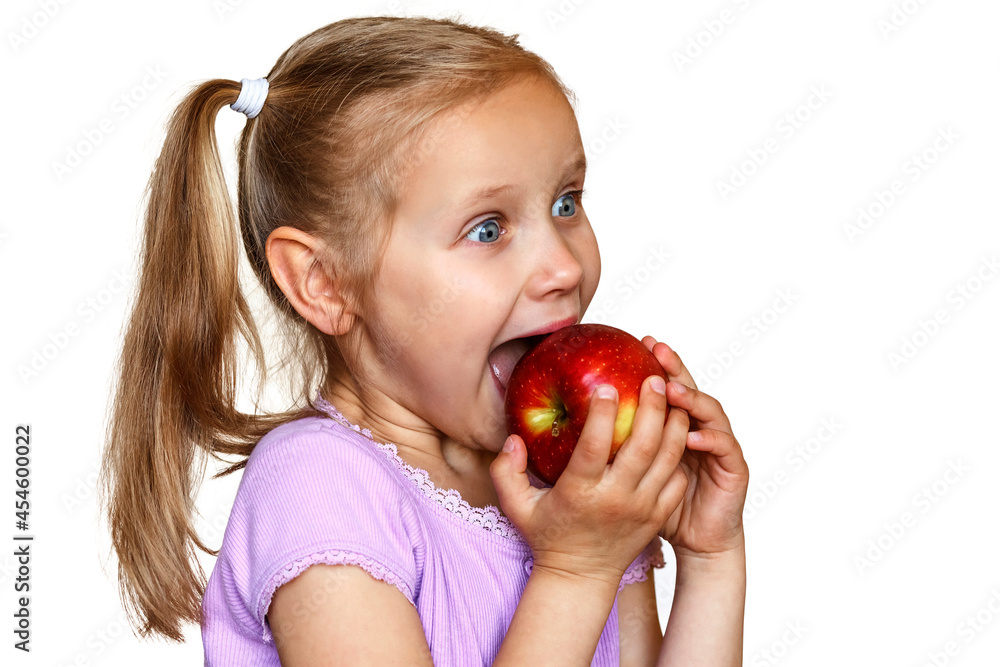 Satisfied girl eats an apple with pleasure on a white background Satisfied girl eats an apple with pleasure on a white background