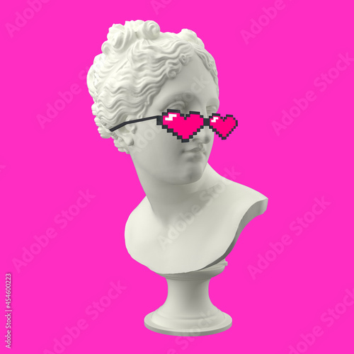Funny illustration from 3d rendering ofhead sculpture Venus in pixel glasses. Isolated on pink background.