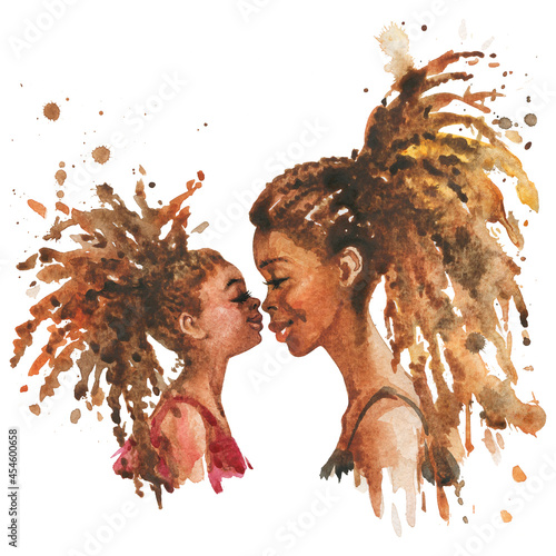 Watercolor portrait of mother and daughter, cheerful african people. Hand drawn family portrait on white background. Painting realistic illustration.