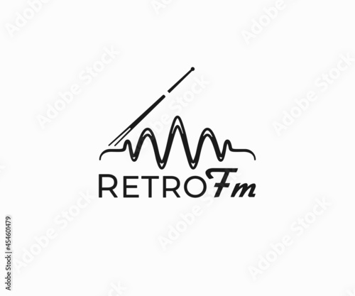 Retro vintage radio receiver with antenna logo design. Wireless radio station vector design. Retro antenna with voice waves logotype