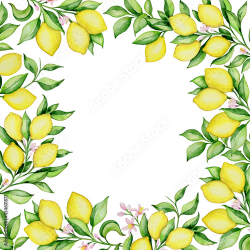 Hand drawn watercolor floral frame with lemons