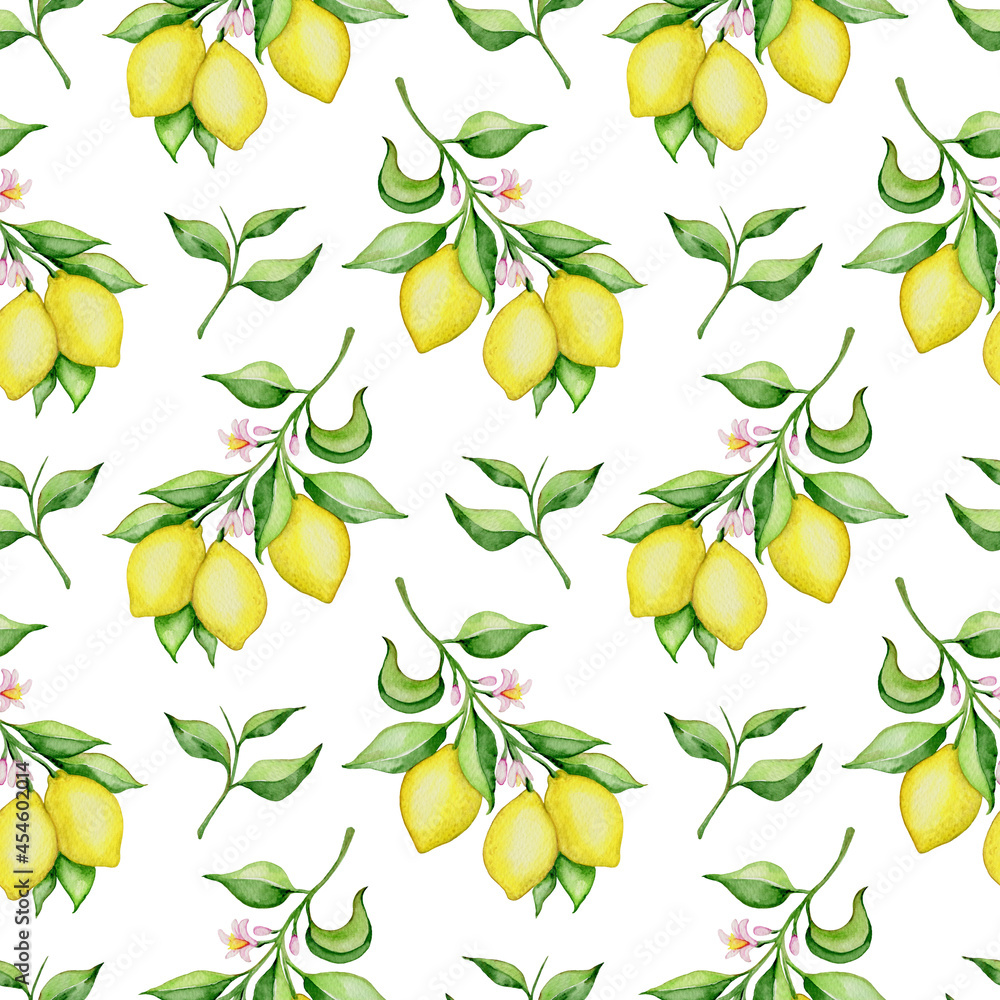 Watercolor seamless pattern with lemons and green leaves