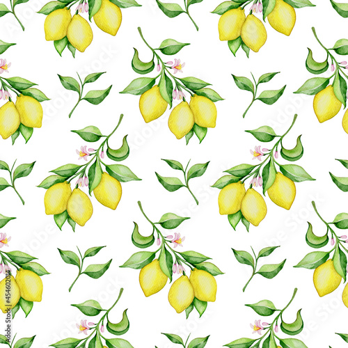 Watercolor seamless pattern with lemons and green leaves