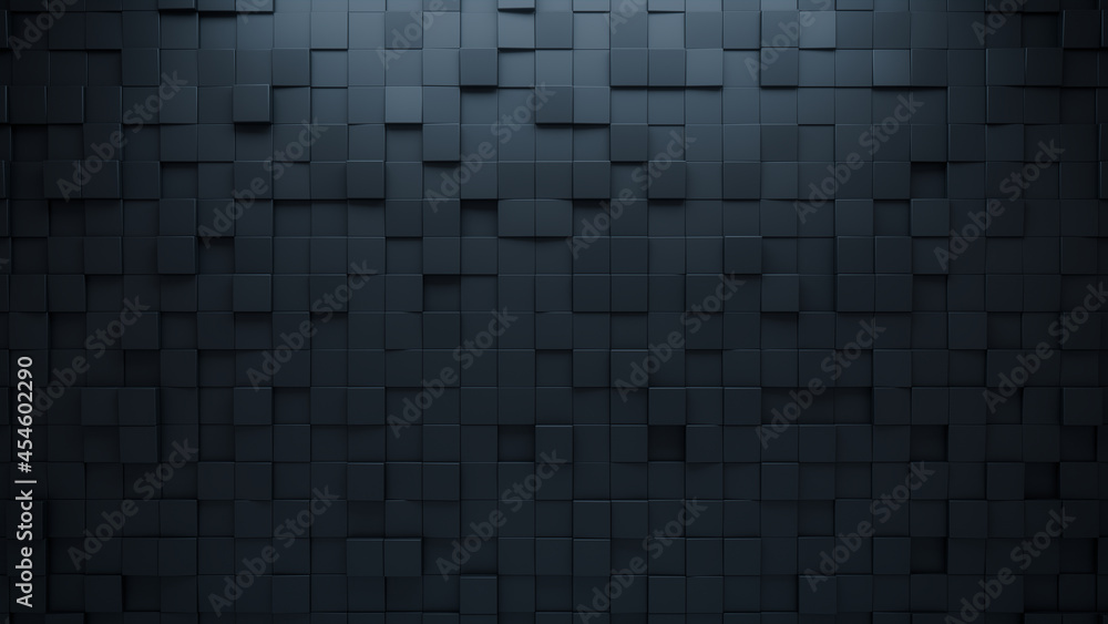 Black Tiles arranged to create a Futuristic wall. 3D, Semigloss Background formed from Square blocks. 3D Render Black Tiles arranged to create a Futuristic wall. 3D, Semigloss Background formed from Square blocks. 3D Render