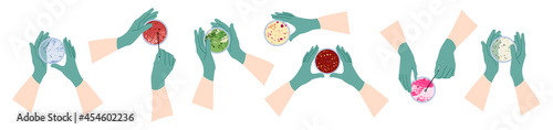 Scientist's hand in glove holding Petri dish, plate with agar, bacterial colony. Bacteriology. Microbiology. Laboratory test, bacteriological swab, chemical analysis. Vector flat cartoon illustration