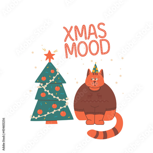 Sad and grumpy cat in sweater with deers looks at Christmas tree. Lettering Christmas mood.