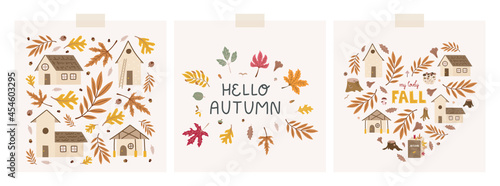Collection of greeting cards with cute doodle hand-drawn illustrations - square composition with houses and fallen leaves, heart composition and calligraphy hello autumn decorated with leaves.