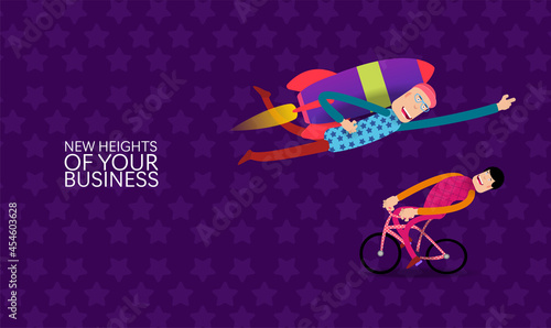 A businessman arrives on a rocket past a man on a bicycle
