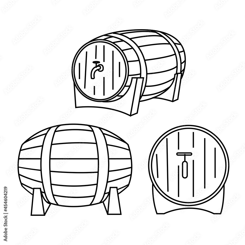 Seth, wooden barrels for beer, wine or ale. Vector illustration in outline doodle style, for Oktoberfest. Design element for label and poster Seth, wooden barrels for beer, wine or ale. Vector illustration in outline doodle style, for Oktoberfest. Design element for label and poster