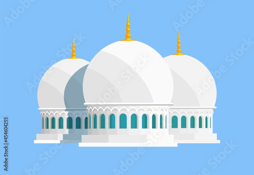White Mosque. Vector building made of white marble. Large windows.