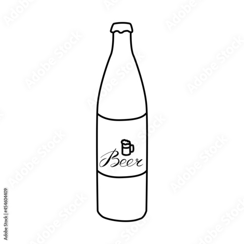 Beer bottle with label. Vector outline hand drawn illustration in doodle style. For invitation, beer bar menu, poster, flyer