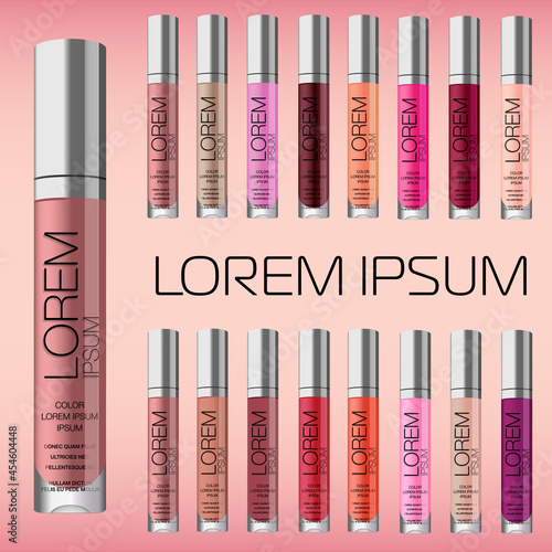 Lipstick palette. Big set of lipsticks. Cosmetics product tester. Vector illustration can be used for printed products about beauty for woman.