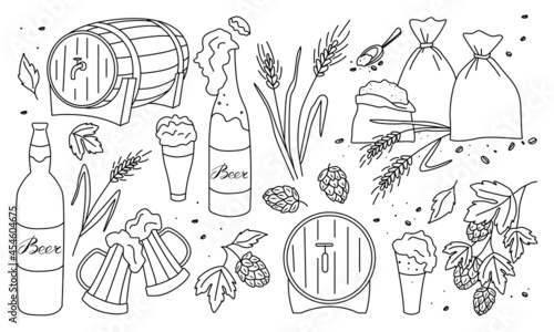 A set for the production of beer. Ears of wheat or barley. Barrel. Hop cones. Bags of crops. Vector illustration in the doodle style. A design element for a poster, map, menu, logo, icon. Oktoberfest