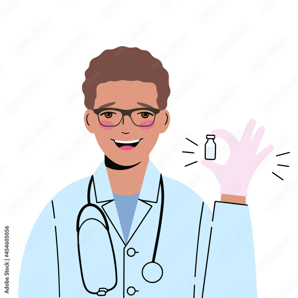 Doctor with glasses holds a bottle of vaccine in his hands. Doctor with glasses holds a bottle of vaccine in his hands.